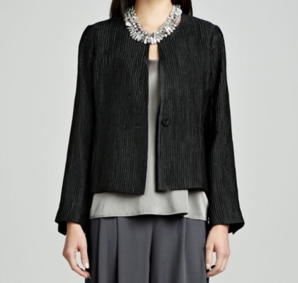 Eileen Fisher 100% Silk Crinkle Blazer Jacket Black Minimalist Classic Sz S